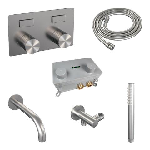 BRAUER Stripe Mitigeur thermostatique de baignoire - boutons-poussoirs - SET 03 - encastré - bec - douchette à main barre - flexible de douche - coude mural - couleur inox brossé PVD SW1435061