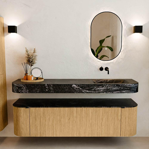 MONDIAZ THOR-DLUX Meuble de salle de bains - 170cm - arrondi gauche + droite - couleur Oak - 1 tiroir et 2 portes - Vasque suspendue CLOUD droite sans trou de robinet - couleur Lava SW1465439