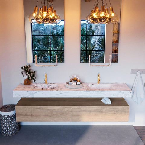 Mondiaz ALAN-DLUX Ensemble de meuble - 200cm - meuble Washed Oak mat - 2 tiroirs - Lavabo Cloud Glace suspendu - vasque Gauche et droite - 2 trous de robinet SW808949