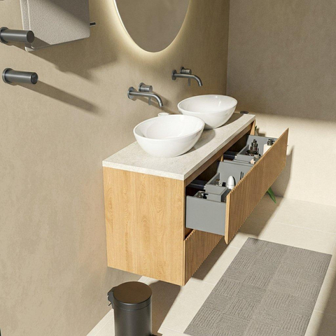 Saniclass Holz Atelier Badkamermeubelset - 120x45x63cm - Travertine natuurstenen topblad - zonder kraangat - 4 lades - mat eiken natural (hout) SW1478868