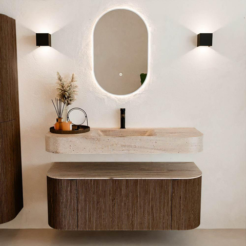 MONDIAZ THOR-DLUX 120cm badmeubel ronding links + rechts kleur Walnut met 1 lade en 2 deuren. Vrijhangende wastafel CLOUD Midden 1 kraangat kleur Saba. SW1463454