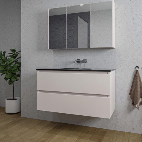 Saniclass Chaci Meuble de salle de bain - 100x46x55cm - lavabo en céramique noir - 1 vasque - sans trous de robinet - 2 tiroirs - armoire miroir - mat cotton (beige) SW1182402