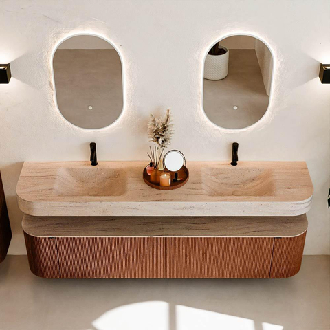MONDIAZ THOR-DLUX 200cm meuble de salle de bains arrondi gauche + droite couleur Ruby avec 2 tiroirs et 2 portes. Vasque suspendue CLOUD Double 2 trous de robinet couleur Saba. SW1467239