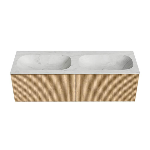 MONDIAZ KURVE-DLUX Meuble de salle de bains 140 cm couleur Oak avec 2 tiroirs. Lavabo STOR SMALL double sans trou de robinet couleur Opalo. SW1137588