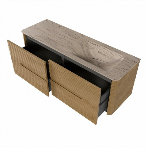 Mondiaz CIRO-DLUX Badkamermeubelset - 140x45x50cm - Solid surface wastafel Arena - 1 wasbak Rechts - 1 kraangat - 4 lades - Oak SW1531340
