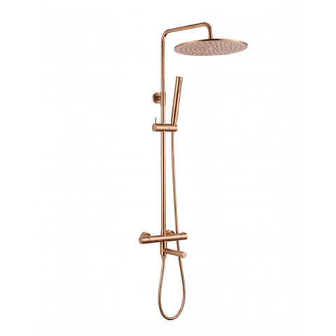 Fortifura Calvi Regendoucheset - thermostatisch - 25cm hoofddouche - gladde slang - staaf handdouche - draaibare baduitloop - PVD - geborsteld koper SW1592516