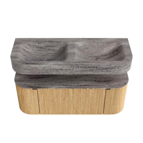MONDIAZ THOR-DLUX 120cm badmeubel ronding links + rechts kleur Oak met 1 lade en 2 deuren. Vrijhangende wastafel CLOUD Dubbel zonder kraangat kleur Oza. SW1463380