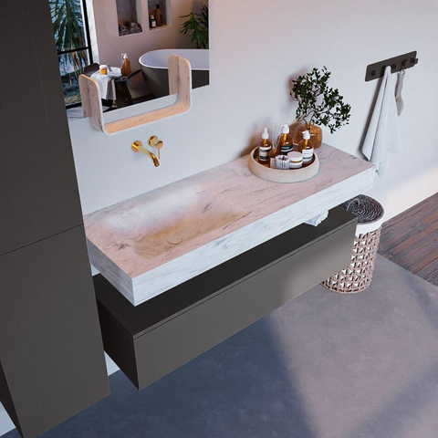 Mondiaz ALAN-DLUX Ensemble de meuble - 130cm - meuble Dark grey mat - 1 tiroir - Lavabo Cloud Opalo suspendu - vasque Gauche - 0 trous de robinet SW806495
