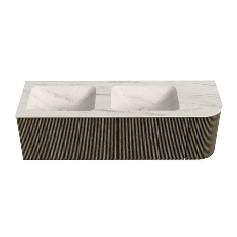 MONDIAZ KURVE-DLUX Meuble de salle de bains 145cm arrondi à droite couleur Shadow avec 1 tiroir et 1 porte. Lavabo LEAF Double / Gauche sans trou de robinet Meli. SW1431823