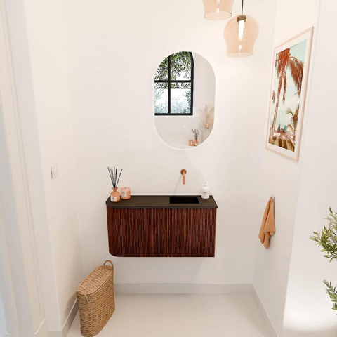 Mondiaz JOYA 81.6cm meuble de toilette - arrondi gauche couleur Ruby - Vasque FAYE position Droite Sans trou de robinet couleur Urban. SW1421891