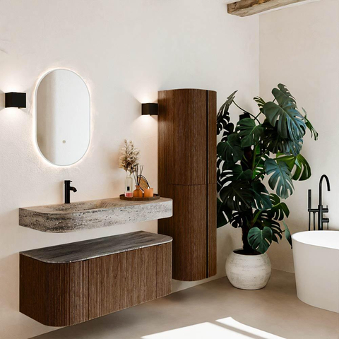 MONDIAZ THOR-DLUX 110cm badmeubel ronding links + rechts kleur Walnut met 1 lade en 2 deuren. Vrijhangende wastafel CLOUD Links 1 kraangat kleur Oza. SW1462984