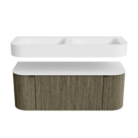 MONDIAZ THOR 120cm meuble de salle de bains arrondi gauche + droite couleur Shadow avec 1 tiroir et 2 portes. Vasque suspendue CLOUD Double 2 trous de robinet couleur Talc. SW1463145