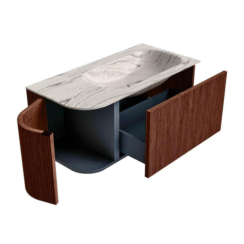 MONDIAZ KURVE-DLUX Meuble de salle de bains 95cm arrondi à gauche couleur Ruby avec 1 tiroir et 1 porte. Lavabo BIG SMALL à droite 1 trou de robinet Nata. SW1432528