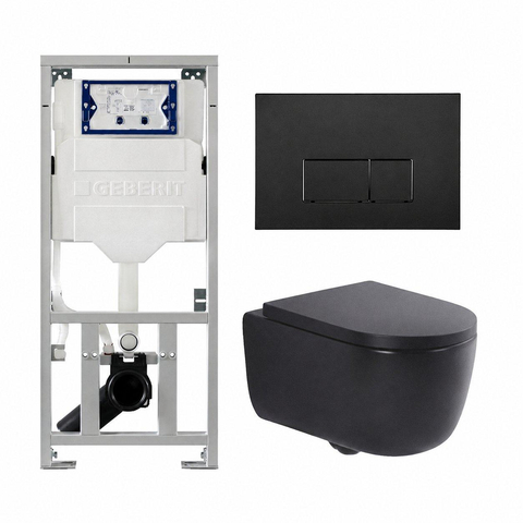 QeramiQ Dely Swirl Ensemble WC- 36.3x51.7cm - Réservoir encastré Geberit UP320 - Abattant de 35mm d'épaisseur - Plaque de commande en métal noir mat - Boutons rectangulaires - Noir mat SW1138605