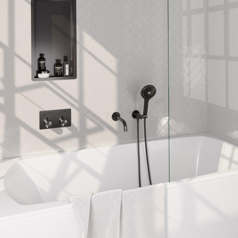 Brauer Gunmetal Edition mitigeur thermostatique bain encastré bouton poussoir set 04 bec 3 positions douche à main flexible de douche raccord mural coude gunmetal Brushed pvd SW925713