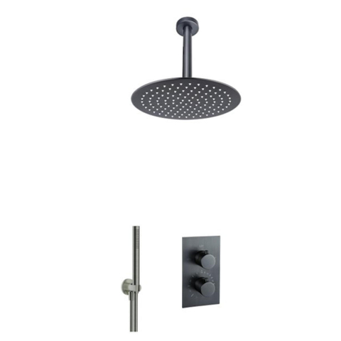 Fortifura Calvi Inbouw Regendoucheset - thermostatisch - plafondarm - 25cm - hoofddouche - staaf handdouche - gladde doucheslang - PVD - geborsteld gunmetal (antraciet) SW809519