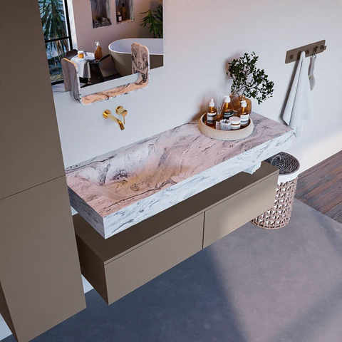 Mondiaz ALAN-DLUX Ensemble de meuble - 130cm - meuble Smoke mat - 2 tiroirs - Lavabo Cloud Glace suspendu - vasque Gauche - 0 trous de robinet SW805867