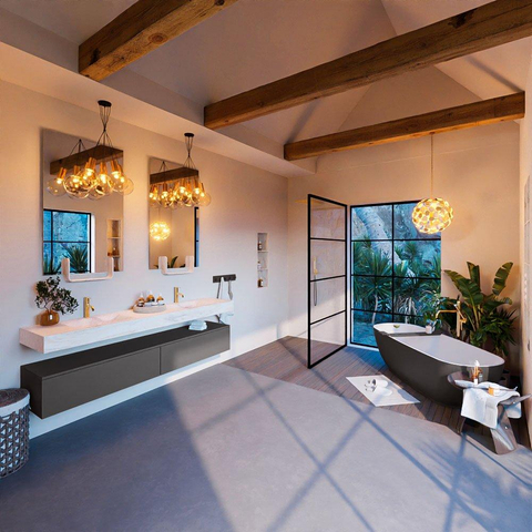 Mondiaz ALAN-DLUX Ensemble de meuble - 200cm - meuble Dark grey mat - 2 tiroirs - Lavabo Cloud Ostra suspendu - vasque Gauche et droite - 2 trous de robinet SW807194