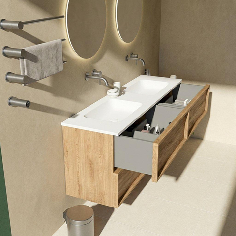 Saniclass Holz Frame Ensemble meuble de salle de bains - 160x45x77.5cm - vasque Torino en solid surface blanche - sans trou de robinetterie - 4 tiroirs - chêne natural mat (bois) SW1579928