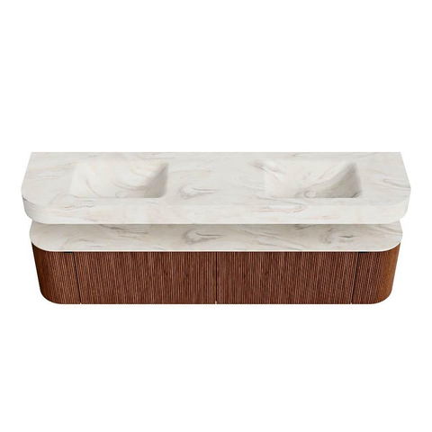 MONDIAZ THOR-DLUX 200cm meuble de salle de bains arrondi gauche + droite couleur Ruby avec 2 tiroirs et 2 portes. Vasque suspendue CLOUD Double sans trou de robinet couleur Ostra. SW1466918