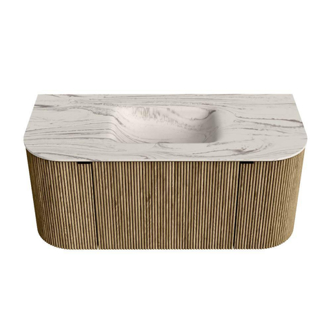 MONDIAZ KURVE-DLUX Meuble de salle de bains 100cm arrondi Gauche + Droite couleur Dusk avec 1 tiroir et 2 portes. Lavabo GRUNNE Central 1 trou de robinet Nata. SW1432345