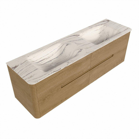 Mondiaz CIRO-DLUX Meuble de salle de bains - 160x45x50cm - Plan-vasque solid surface Nata - 2 lavabos Double - sans trous pour robinet - 4 tiroirs - Chêne SW1531481