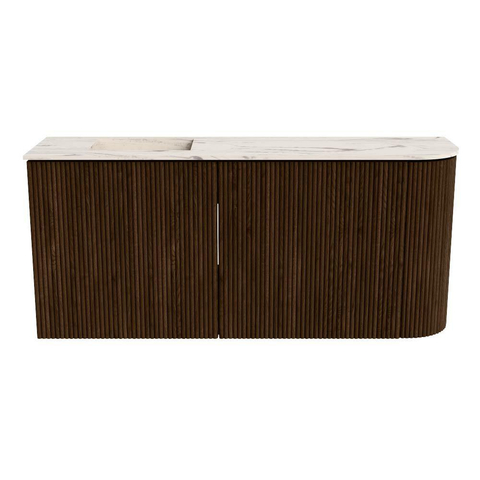 Mondiaz JOYA-DLUX 91.6cm toiletmeubel - ronding rechts kleur Walnut - Wastafel FAYE positie Links 1 kraangat kleur Nata. SW1424510