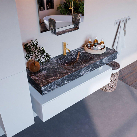 Mondiaz ALAN-DLUX Ensemble de meuble - 130cm - meuble Talc mat - 1 tiroir - Lavabo Cloud Lava suspendu - vasque Centre - 1 trou de robinet SW807816