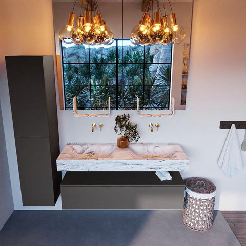 Mondiaz ALAN-DLUX Ensemble de meuble - 130cm - meuble Dark grey mat - 1 tiroir - Lavabo Cloud Glace suspendu - vasque Gauche et droite - 0 trous de robinet SW805480