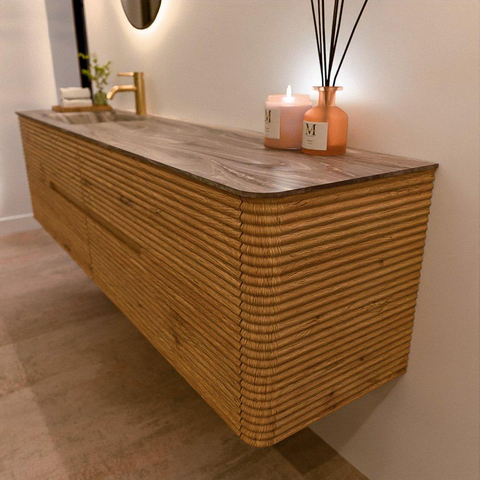 Mondiaz CIRO-DLUX Ensemble de meubles de salle de bains - 190x45x50cm - Plan vasque solid surface Sombra - 1 lavabo à gauche - 1 trou de robinet - 4 tiroirs - Chêne SW1531293