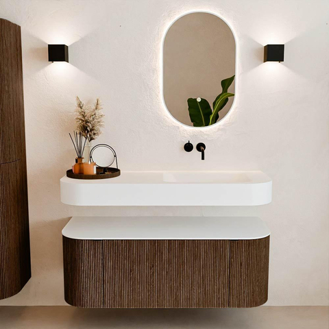 MONDIAZ THOR 120cm badmeubel ronding links + rechts kleur Walnut met 1 lade en 2 deuren. Vrijhangende wastafel CLOUD Rechts zonder kraangat kleur Talc. SW1463181