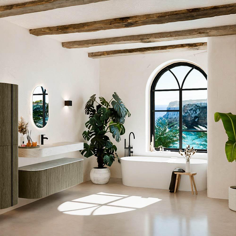 MONDIAZ THOR-DLUX 150cm badmeubel ronding links + rechts kleur Shadow met 1 lade en 2 deuren. Vrijhangende wastafel CLOUD Midden 1 kraangat kleur Opalo. SW1464698