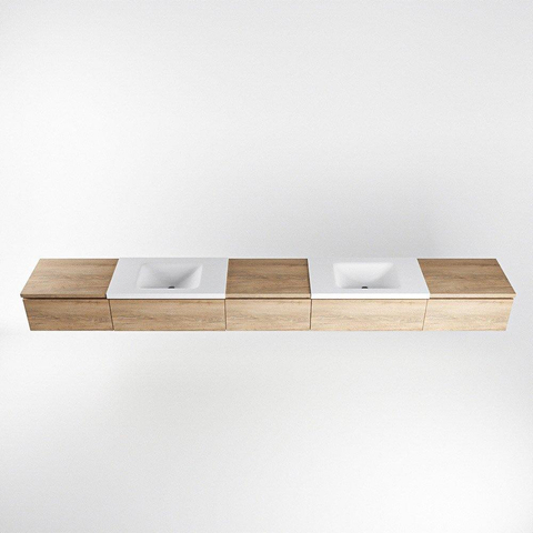 MONDIAZ BUKLA meuble de salle de bain 340cm avec module 60 couleur Chêne blanchi avec 5 tiroirs. Lavabo CLOUD double 0 trou de robinet couleur Talc. SW1382344