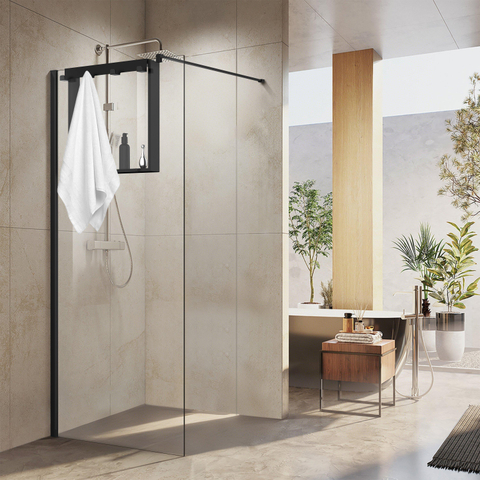 Fortifura Galeria schap met 4 haken - voor douchewand - 50x50x6.5cm - mat zwart SHOWROOMMODEL SHOW25764