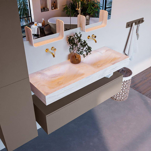 Mondiaz ALAN-DLUX Ensemble de meuble - 130cm - meuble Smoke mat - 1 tiroir - Lavabo Cloud Ostra suspendu - vasque gauche et droite - 0 trous de robinet SW807457