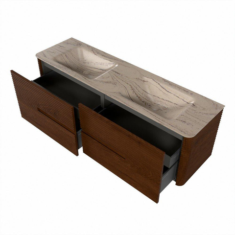 Mondiaz CIRO-DLUX Badkamermeubelset - 160x45x50cm - Solid surface wastafel Arena - 2 wasbak Dubbel - 2 kraangaten - 4 lades - Ruby SW1531724