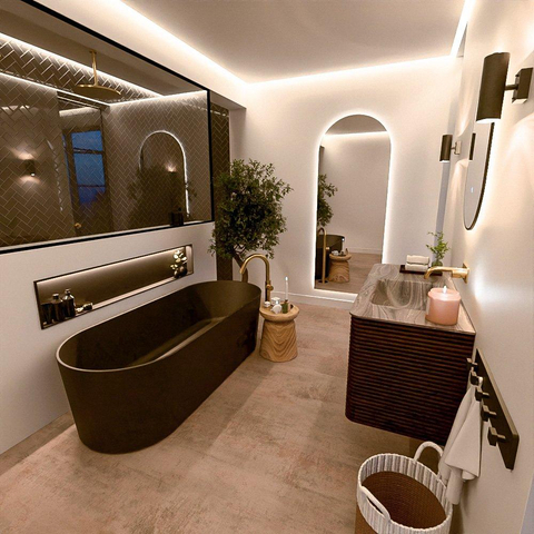 Mondiaz CIRO-DLUX Meuble de salle de bains - 110x45x50cm - Plan vasque solid surface Sombra - 1 lavabo à droite - sans trous de robinetterie - 2 tiroirs - Noyer SW1530723