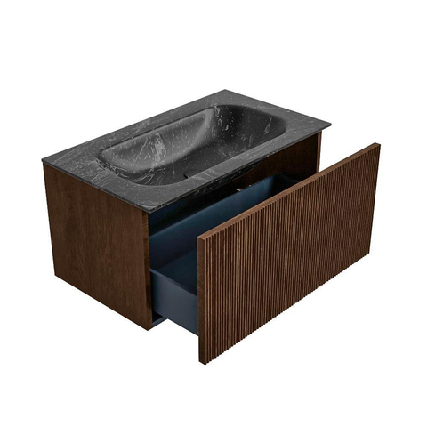 MONDIAZ KURVE-DLUX Meuble de salle de bains 80 cm couleur Walnut avec 1 tiroir. Lavabo BIG SMALL central sans trou de robinet couleur Lava. SW1137236