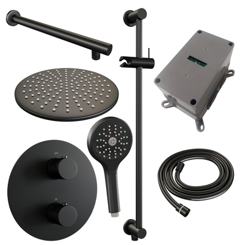 BRAUER Black Carving douche de pluie encastrée thermostatique - 3 voies - rond - set 92 - pomme de douche 30 cm - bras mural droit - douchette 3 jets - flexible de douche - barre de douche intégrée - noir mat SW1159220