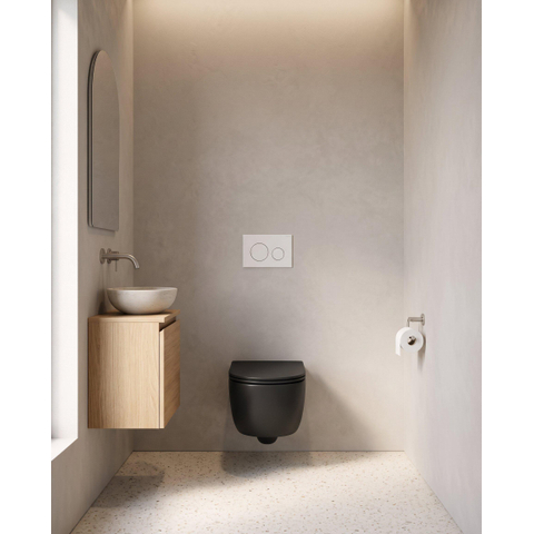 QeramiQ Dely Swirl Toiletset - 36.3x51.7cm - Geberit UP320 inbouwreservoir - met Burda frame - slim zitting - glans witte bedieningsplaat - ronde knoppen - mat zwart SW1130190
