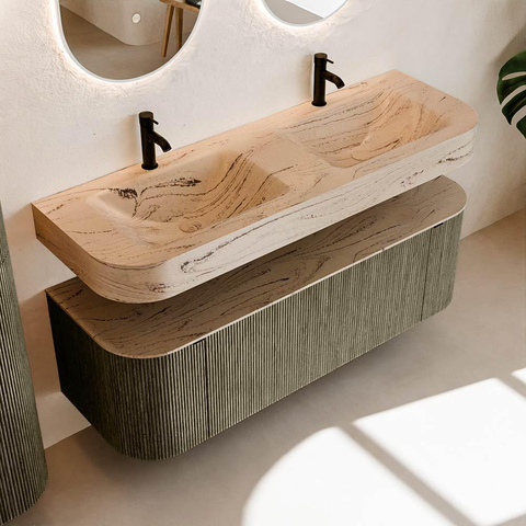 MONDIAZ THOR-DLUX 140cm meuble de salle de bains arrondi gauche + droite couleur Shadow avec 1 tiroir et 2 portes. Vasque suspendue CLOUD Double 2 trous de robinet couleur Arena. SW1464396