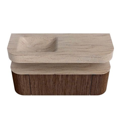 MONDIAZ THOR-DLUX 130cm badmeubel ronding links + rechts kleur Walnut met 1 lade en 2 deuren. Vrijhangende wastafel CLOUD Links 1 kraangat kleur Saba. SW1464020