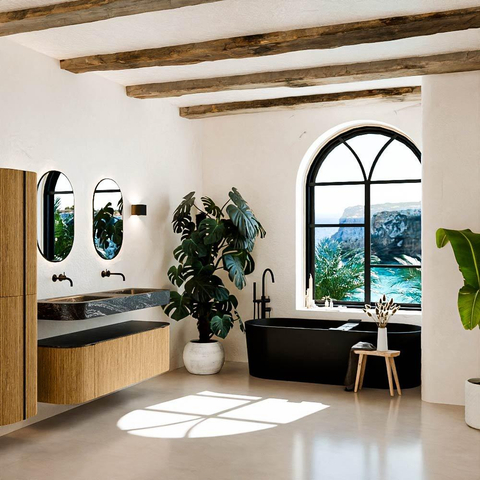 MONDIAZ THOR-DLUX 150cm badmeubel ronding links + rechts kleur Oak met 1 lade en 2 deuren. Vrijhangende wastafel CLOUD Dubbel zonder kraangat kleur Lava. SW1464621