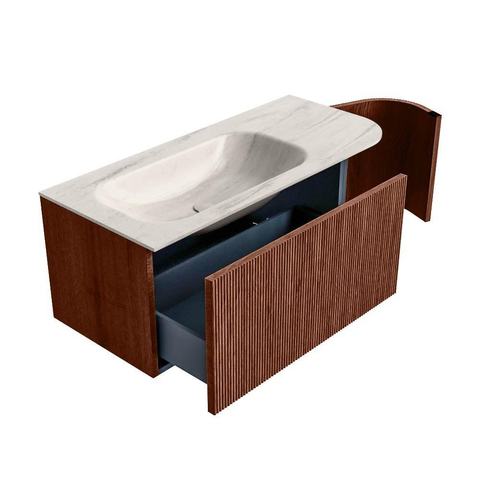 MONDIAZ KURVE-DLUX Meuble de salle de bains 105cm arrondi à droite couleur Ruby avec 1 tiroir et 1 porte. Lavabo BIG SMALL gauche sans trou de robinet Meli. SW1431984