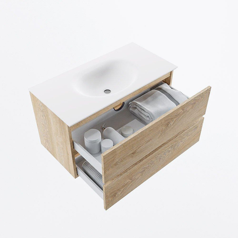 Mondiaz VICA Badkamermeubelset - 90x45x50cm - 2 lades - solid surface wastafel - Moon - zonder kraangaten - Talc - Washed Oak SW1476098