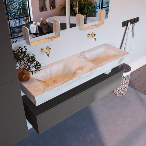 Mondiaz ALAN-DLUX Ensemble de meuble - 150cm - meuble Dark grey mat - 1 tiroir - Lavabo Cloud Frappe suspendu - vasque Gauche et droite - 0 trous de robinet SW804682