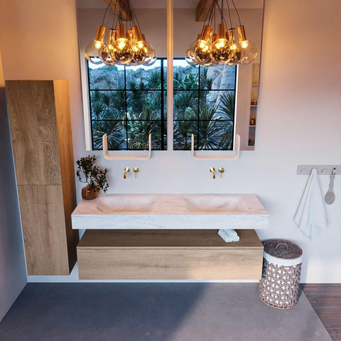 Mondiaz ALAN-DLUX Ensemble de meuble - 150cm - meuble Washed Oak mat - 1 tiroir - Lavabo Cloud Opalo suspendu - vasque Gauche et droite - 0 trous de robinet SW808977