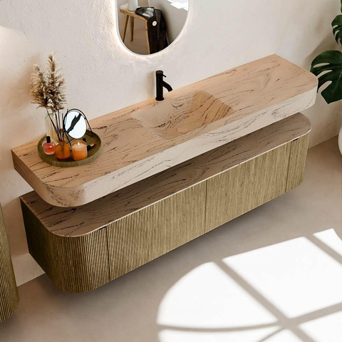 MONDIAZ THOR-DLUX 180cm meuble de salle de bains arrondi gauche + droite couleur Dusk avec 2 tiroirs et 2 portes. Vasque suspendue CLOUD Milieu 1 trou de robinet couleur Arena. SW1466128