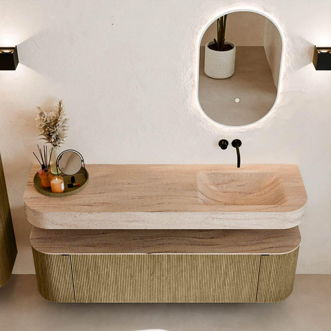 MONDIAZ THOR-DLUX 160cm meuble de salle de bains arrondi gauche + droite couleur Dusk avec 1 tiroir et 2 portes. Vasque suspendue CLOUD Droite sans trou de robinet couleur Saba. SW1465360