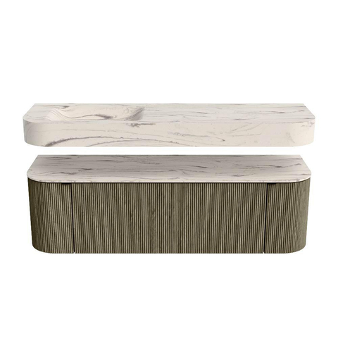 MONDIAZ THOR-DLUX 150cm badmeubel ronding links + rechts kleur Shadow met 1 lade en 2 deuren. Vrijhangende wastafel CLOUD Links zonder kraangat kleur Nata. SW1464839